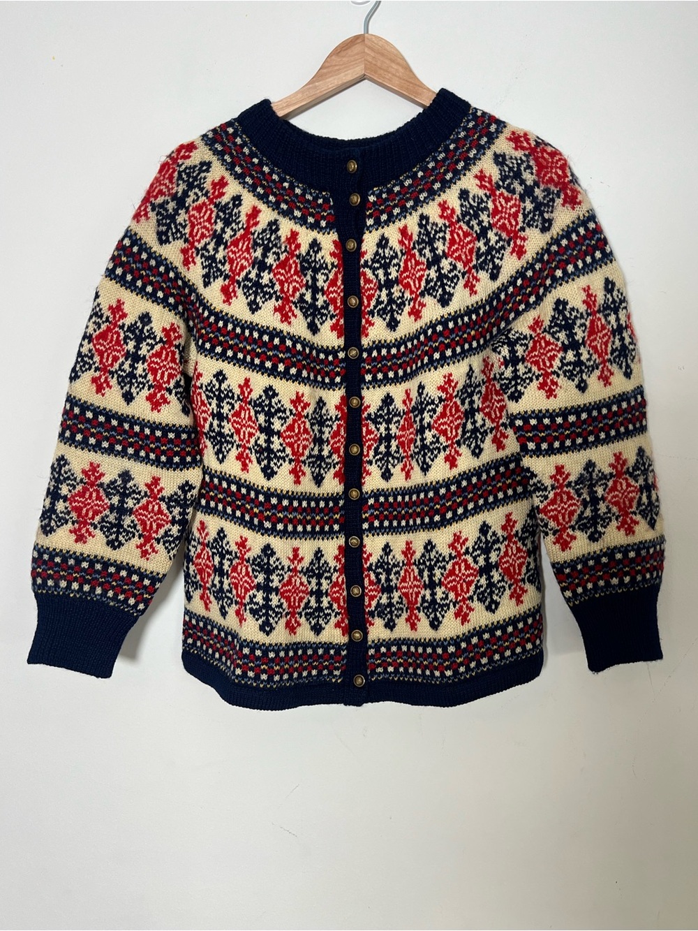Vintage Paul Mage Carroll Reed 100% Wool Hand Knit Denmark Nordic Ski Cardigan